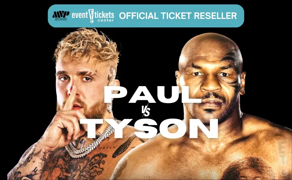 Jake Paul vs. Mike Tyson boxing match poster. Official ticket reseller banner at the top.