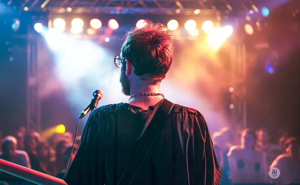 Man with glasses and beard facing away from camera at a concert, microphone and lights visible.