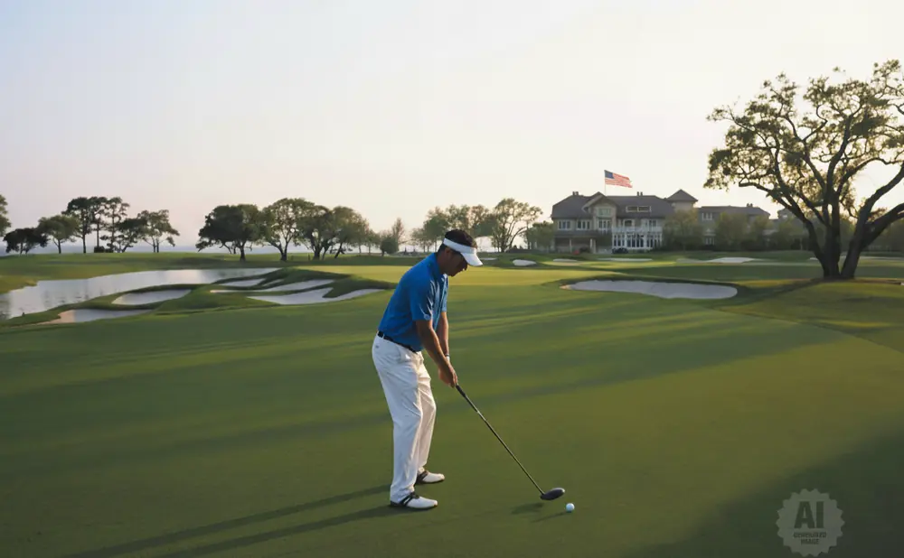 Golfer on a green prepares to hit a ball, with a large house and trees in the background.