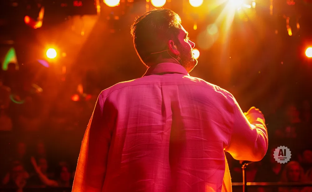 Man in a pink shirt speaking on stage with bright orange spotlights.