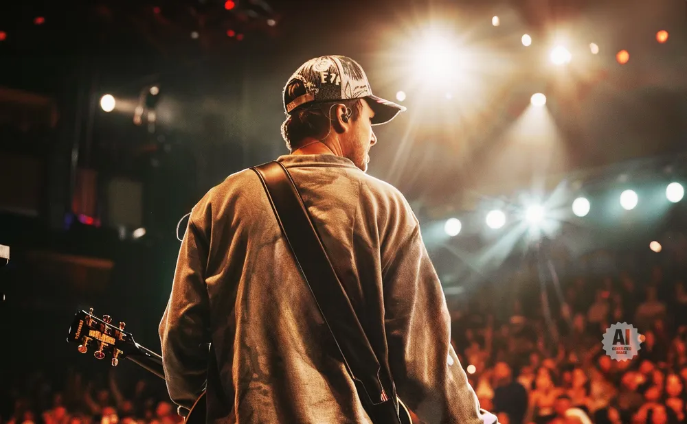 A guitarist on stage, back to the camera, plays for a blurred crowd under bright stage lights.