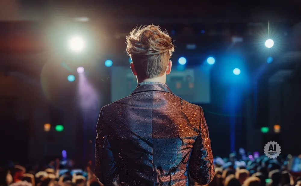 Back view of a man in a sparkling suit on a stage, with spotlights and an audience in the background.