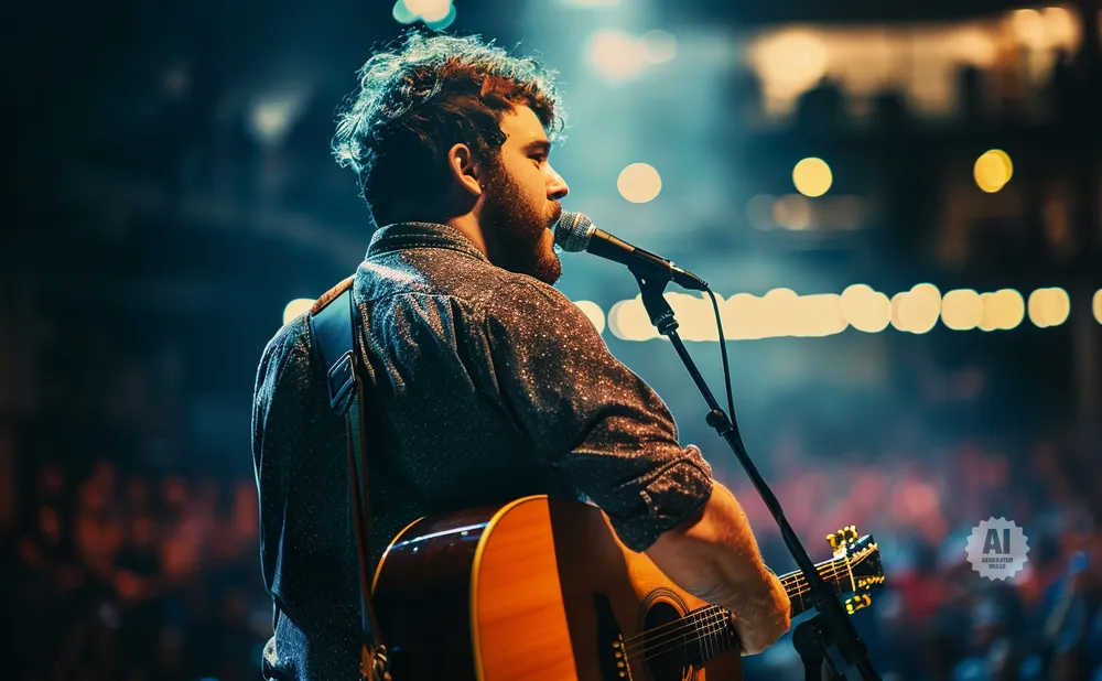 A male musician plays an acoustic guitar and sings into a microphone on stage, with blurred lights and an audience in the background.