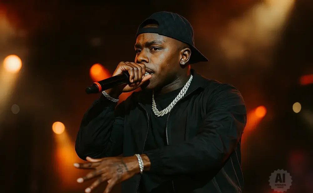 Rapper DaBaby performs on stage, holding a microphone and wearing a black jacket, chain, and baseball cap.