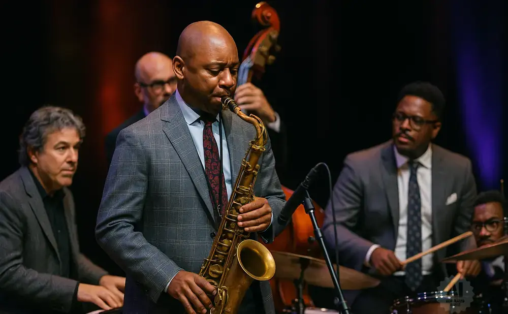 A jazz saxophonist plays in a band with a bassist, pianist, and drummer.