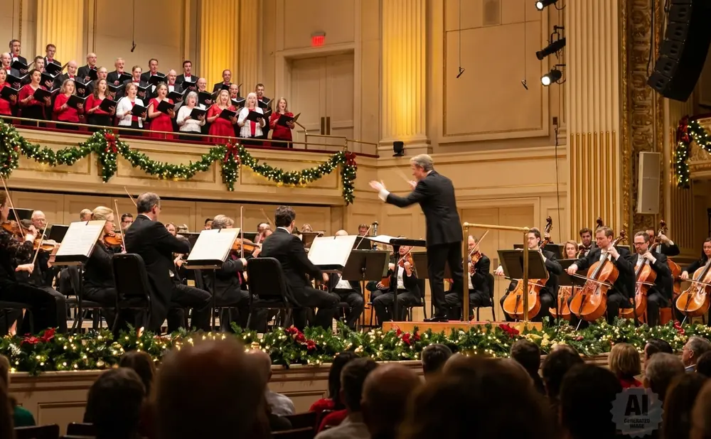 Conductor leads a choir and orchestra performing on a stage decorated with Christmas garlands.