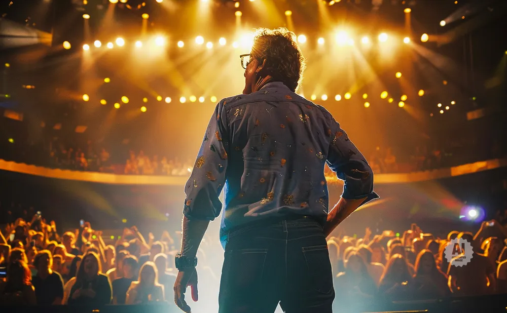 A performer stands on a brightly lit stage, facing a cheering audience.