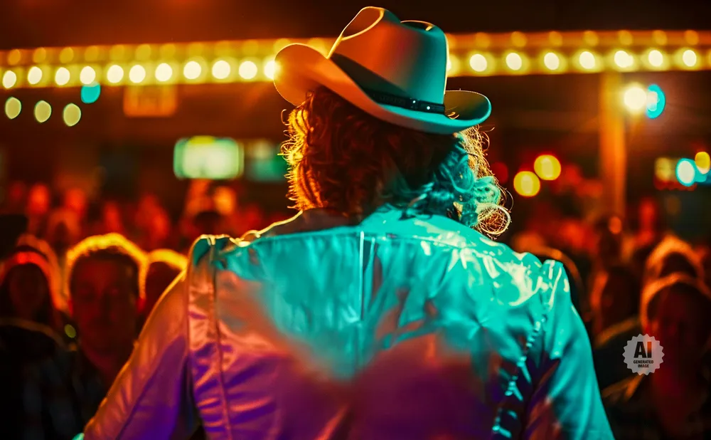 Back view of a person in a cowboy hat and shiny jacket, on stage with a blurred audience and bright lights.