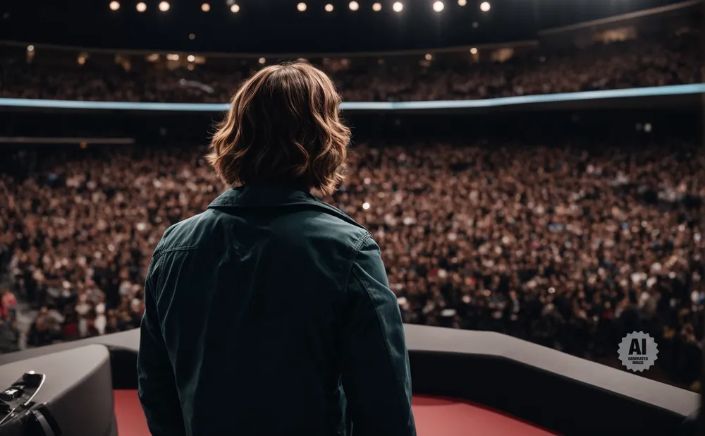 Back view of a person facing a large, cheering crowd in a stadium.