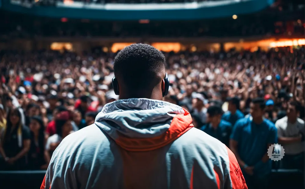 A person with headphones on stands with their back to the camera, facing a large, cheering crowd in an arena.