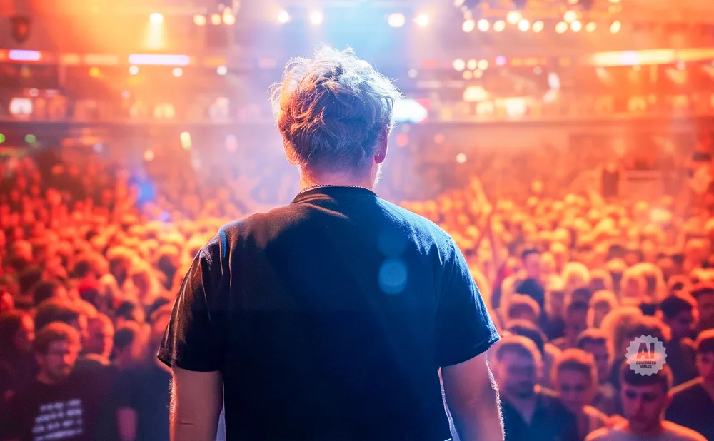 Man in black t-shirt facing a cheering crowd at a concert, bathed in orange stage lights.
