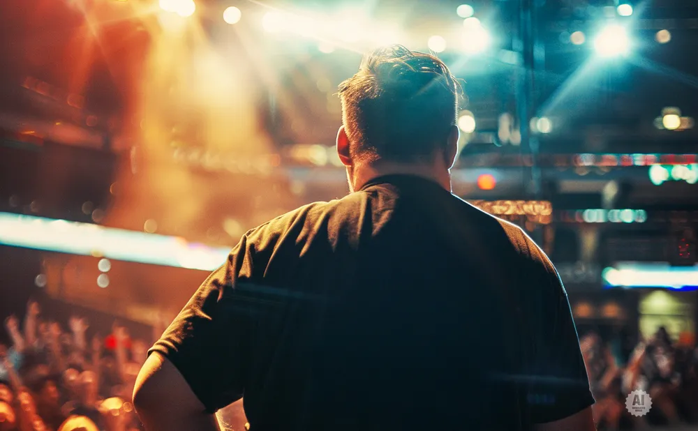 Man from behind on stage with bright lights and a crowd in the background.