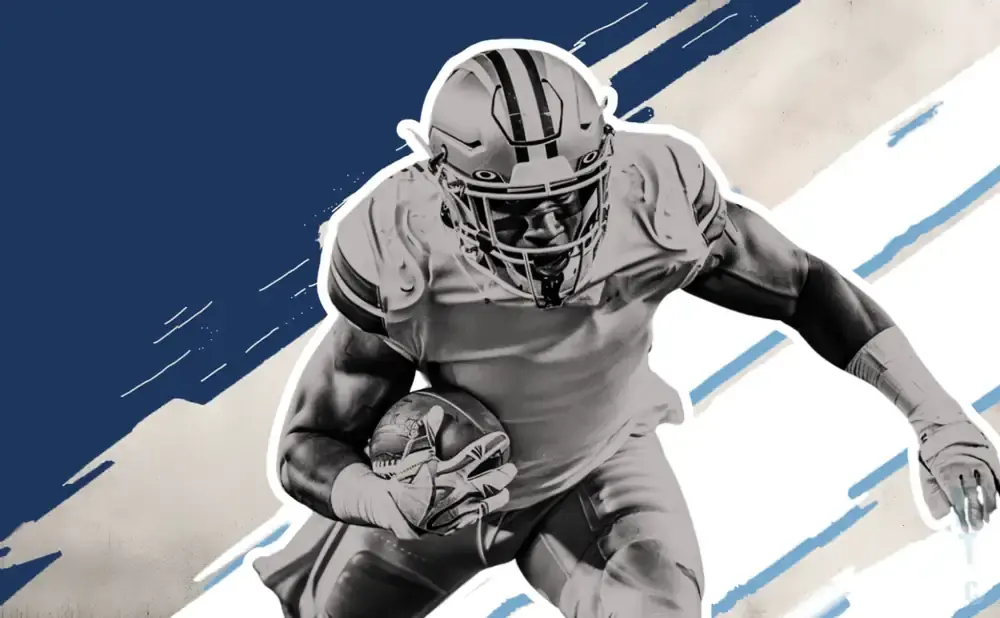 A black and white image of a football player running with the ball against a blue and white background.