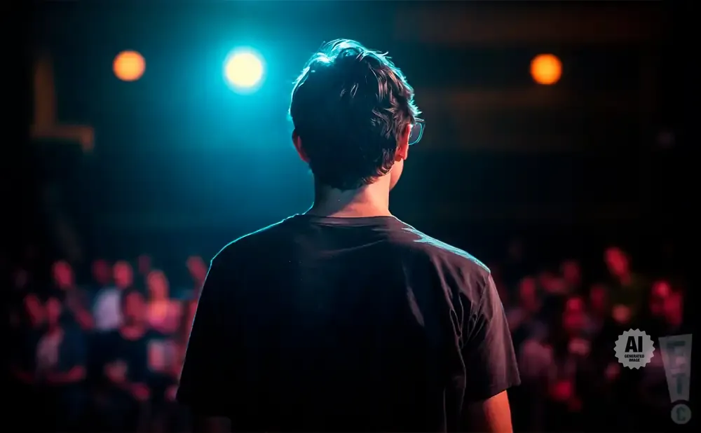 A person faces away from the camera, illuminated by a spotlight on a stage, with an audience visible in the background.