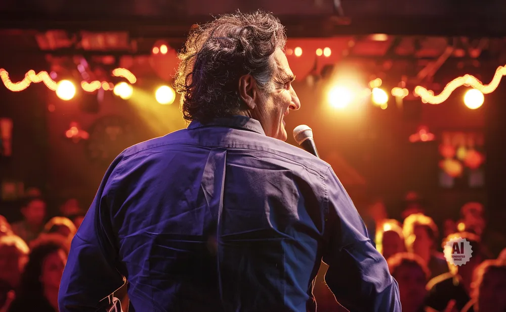 Comedian on stage holding a microphone, facing away from the camera, with a blurred audience and stage lights in the background.