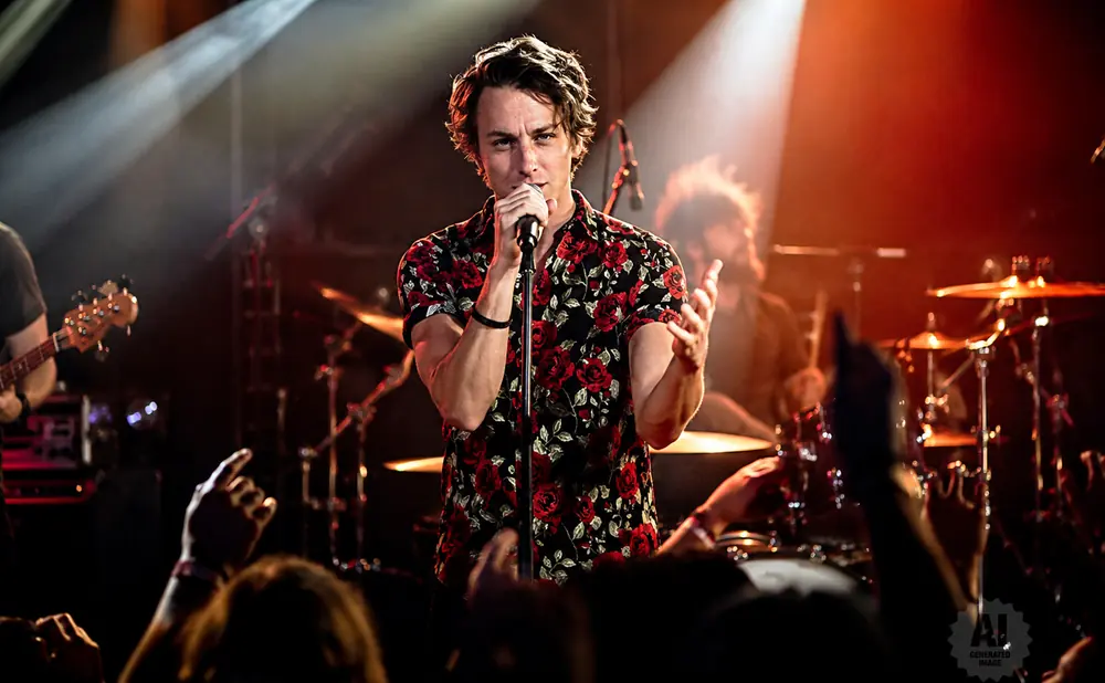 A male singer in a floral shirt performs on stage, holding a microphone.