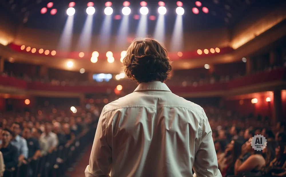A person in a white shirt faces a large, cheering audience in a theater with spotlights.