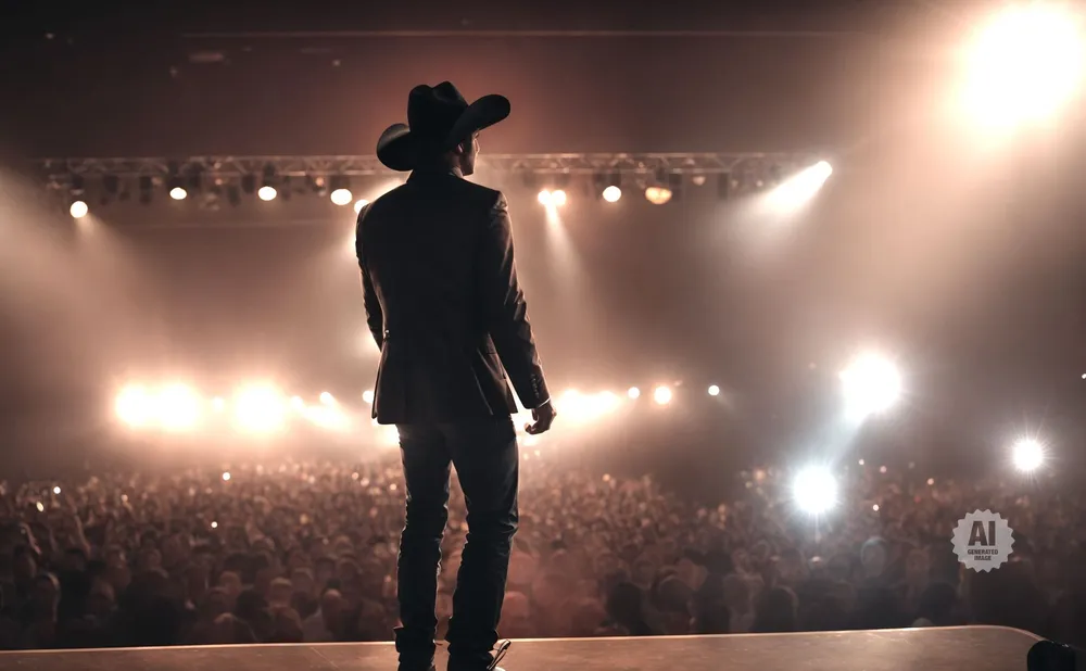A person in a cowboy hat and suit stands on a stage, facing a large, illuminated crowd.
