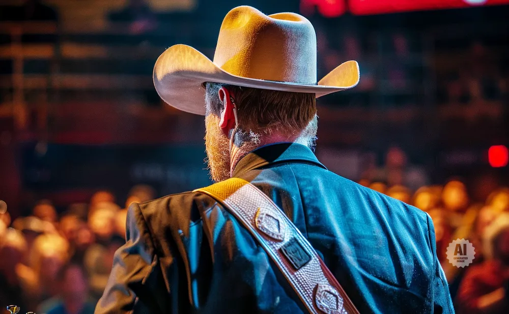 Man in cowboy hat and suit with guitar strap, facing away from camera at a concert.