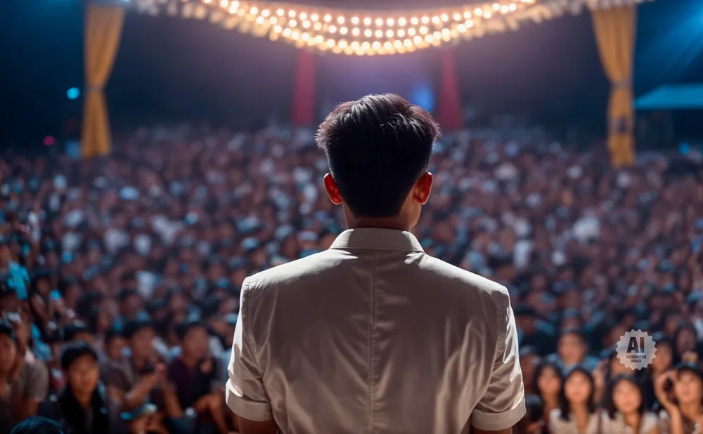 A person on stage faces a large, blurry audience under a string of lights.