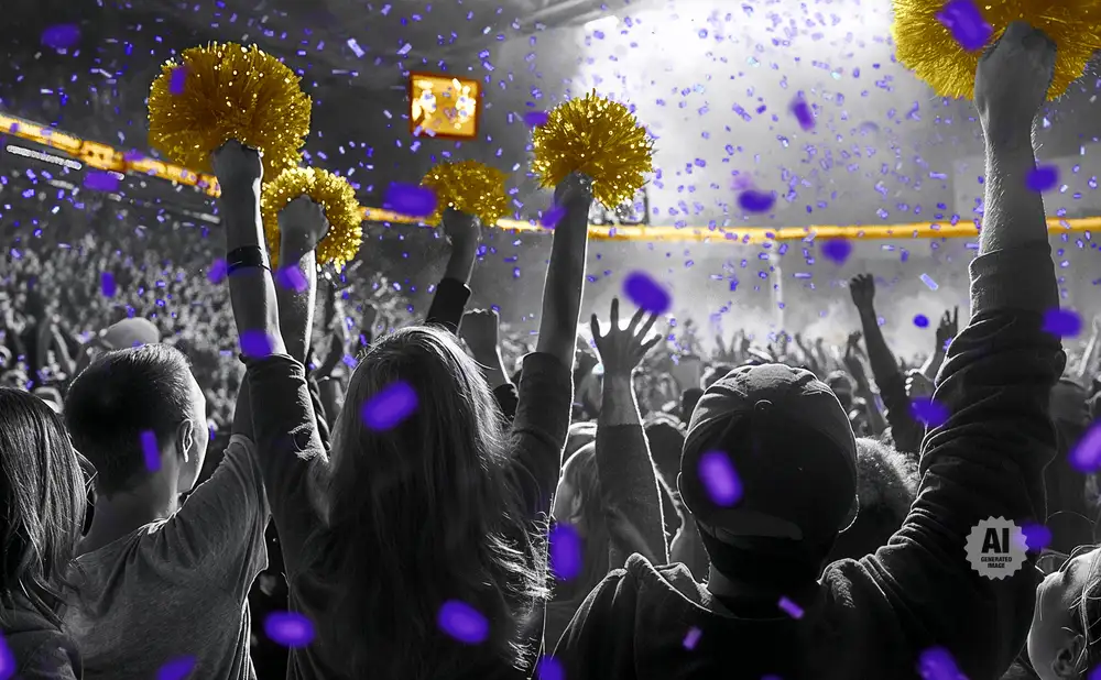 People in a crowd cheer with pom-poms as purple confetti falls around them.