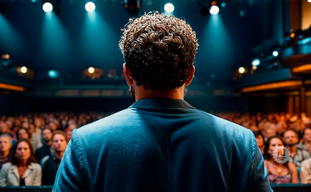 Back view of a man with curly hair addressing a large, dimly lit audience on a stage.