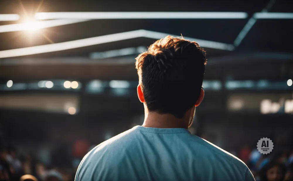 Man in light blue shirt facing away from camera, back lit by a bright sunburst.