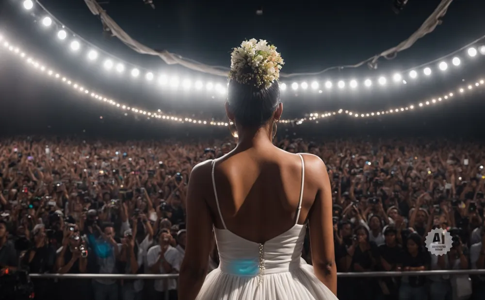 A woman in a white dress faces a cheering crowd, with her back to the camera.
