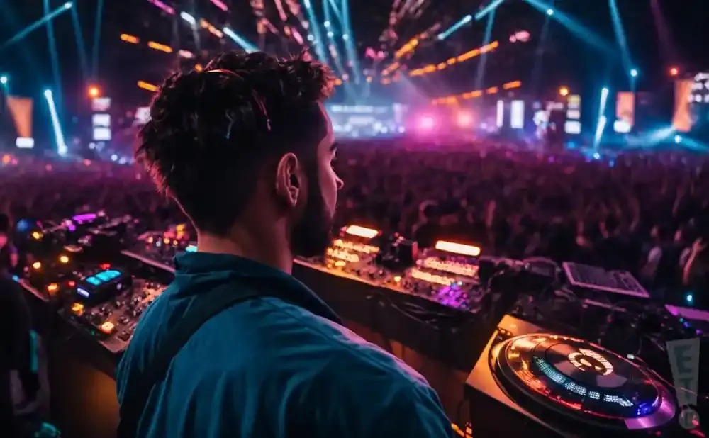 A DJ plays music on a deck in front of a cheering crowd at a lively concert.