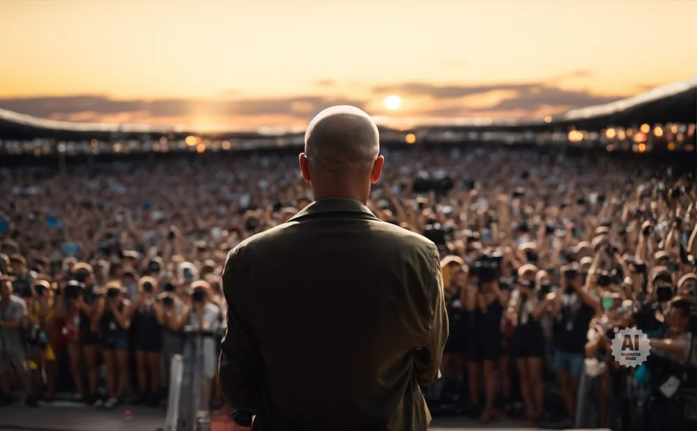 A bald man in a jacket faces a large, cheering crowd at an outdoor concert at sunset.