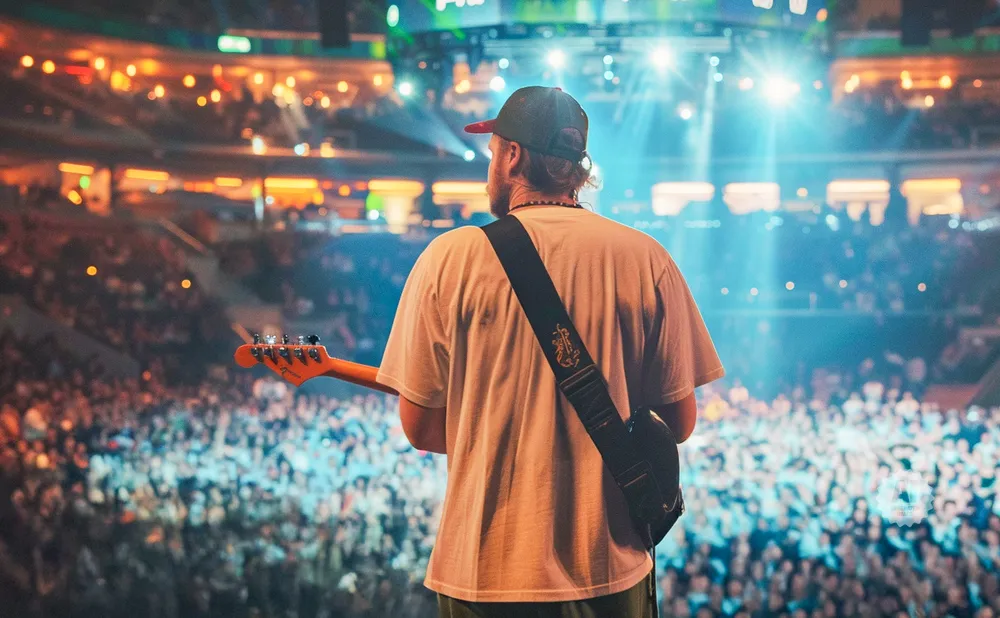 Guitarist with his back to the camera, playing for a large, cheering crowd in a stadium.