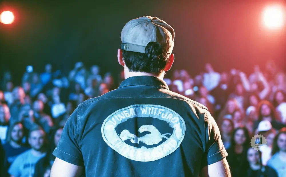 Man in a baseball cap and dark shirt with a logo on the back faces away from the camera, addressing a crowd.