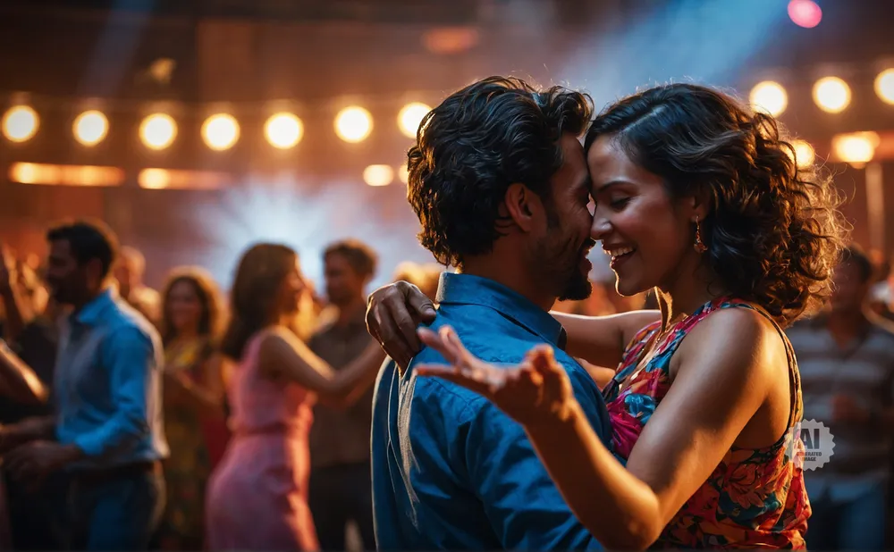 A couple dances closely in a warmly lit, crowded venue.