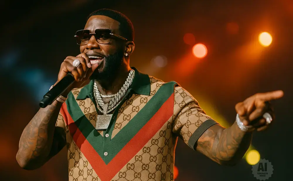 Rapper Gucci Mane performs on stage wearing a Gucci shirt, sunglasses, and diamond chains.
