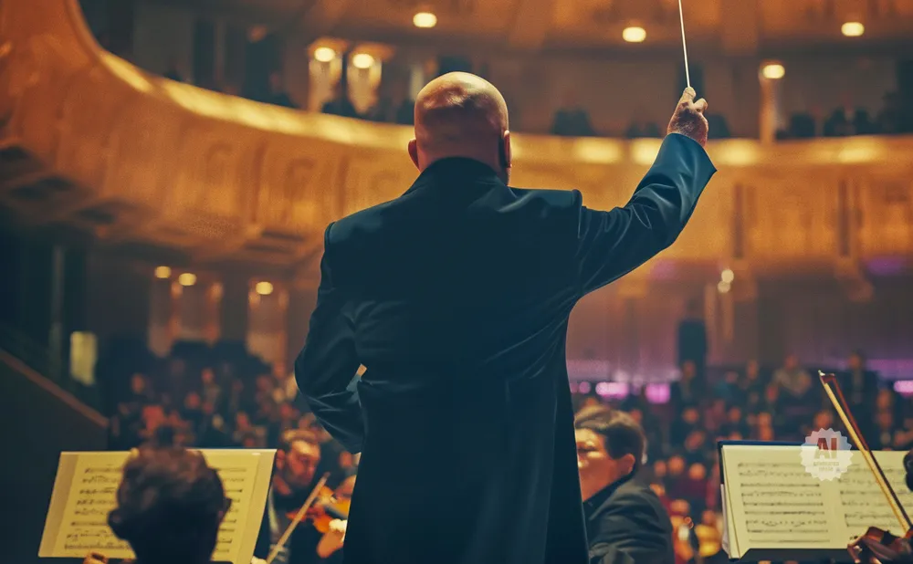 Conductor leading an orchestra in a concert hall.