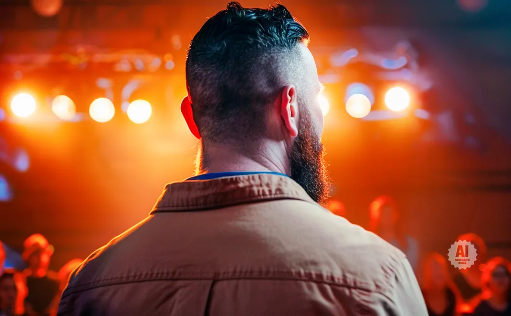 Man with beard faces away from camera, illuminated by orange stage lights.