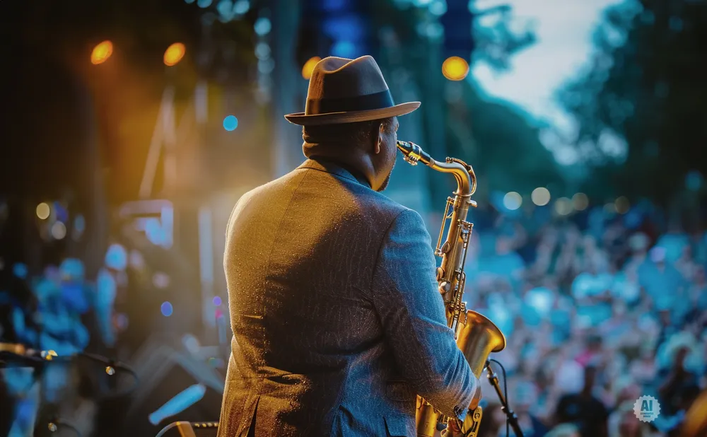 A man in a fedora plays a saxophone on stage at a concert, with a blurred audience in the background.
