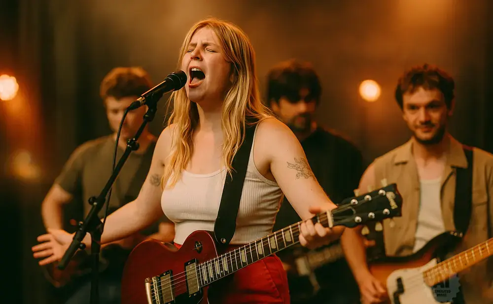A female singer with blonde hair, wearing a white tank top and red pants, sings into a microphone while playing a red electric guitar on stage with her …