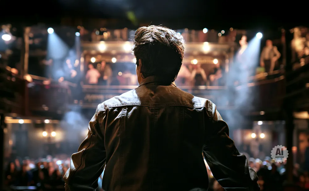 Man in denim jacket stands facing a blurred audience in a theater with spotlights.