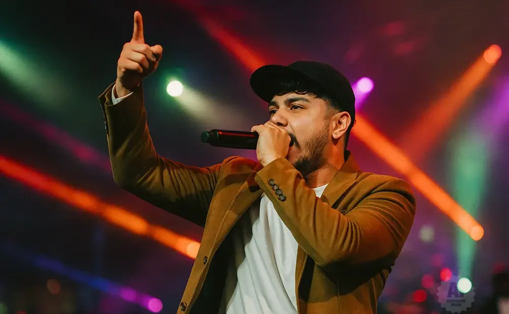 A man in a brown jacket and black cap sings into a microphone on a stage with colorful lights.
