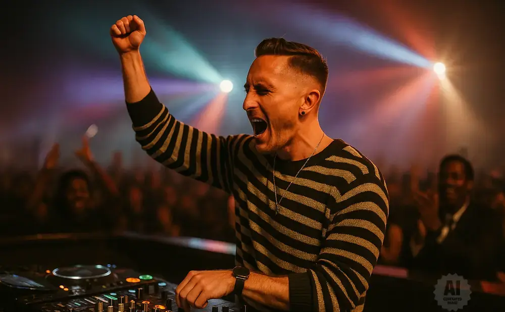 A DJ with an arm raised in celebration plays music for a cheering crowd in a dimly lit club.