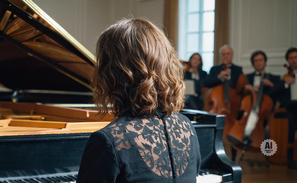 A woman with curly brown hair plays a grand piano, with an orchestra behind her.