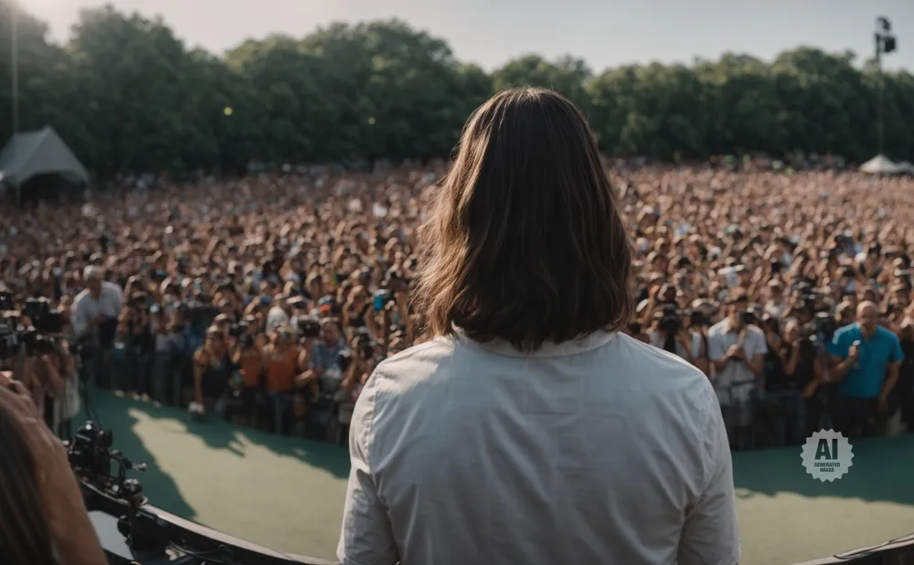 A performer with long hair faces a large, cheering crowd at an outdoor concert.