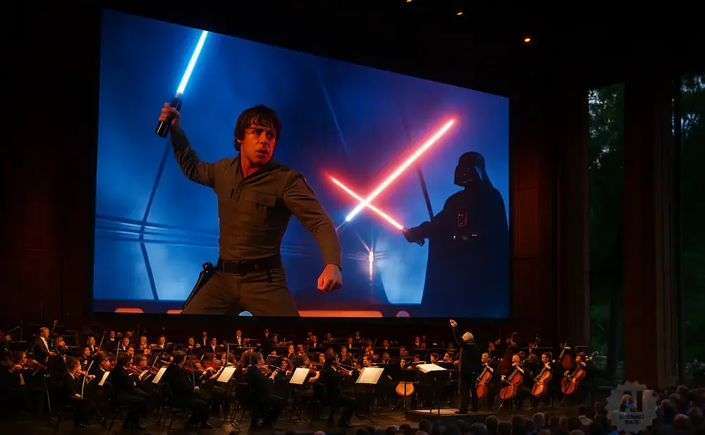 An orchestra plays live to a giant screen showing Luke Skywalker dueling Darth Vader with lightsabers.