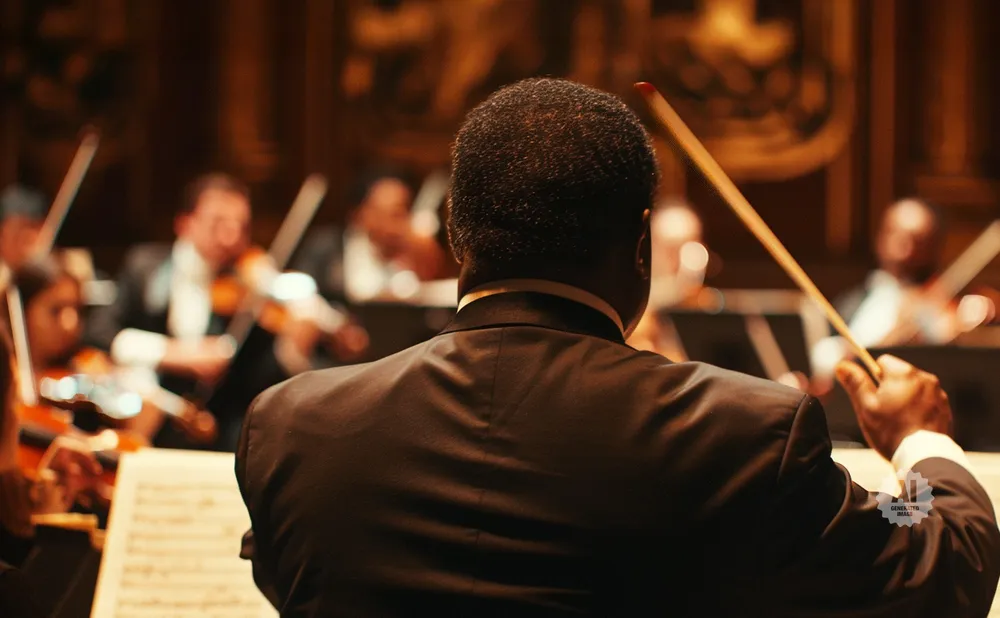 Conductor leading an orchestra, viewed from behind, with sheet music in foreground.