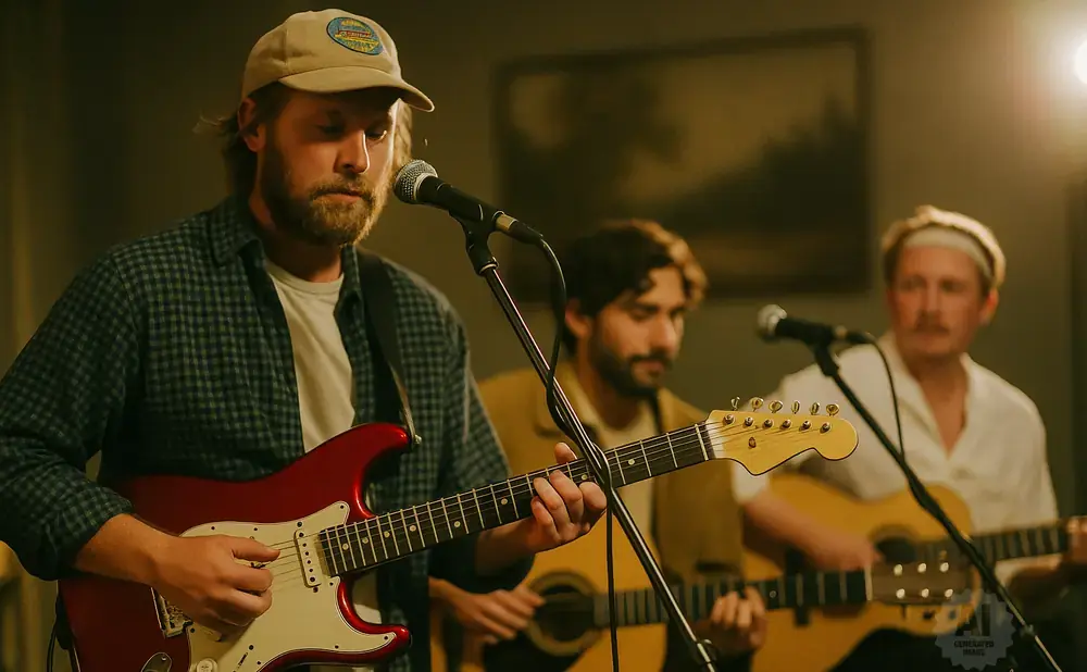 A band of three men playing guitars and singing into microphones, with a focus on the lead singer in a plaid shirt and baseball cap.