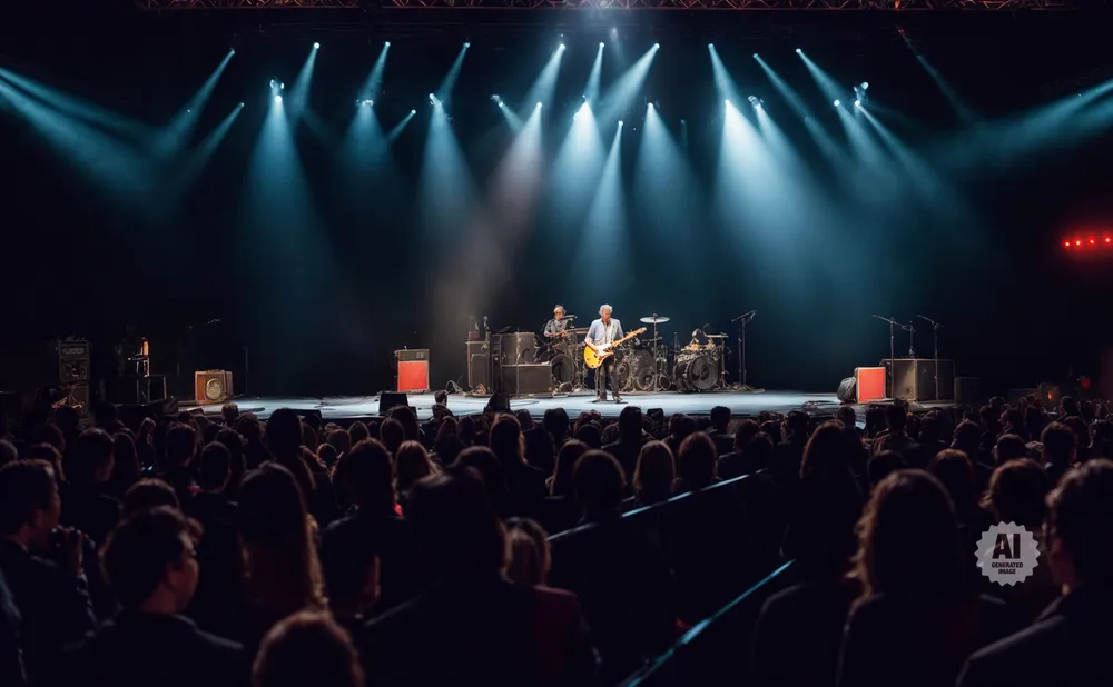 A band performs on a dimly lit stage with spotlights, facing a large audience.