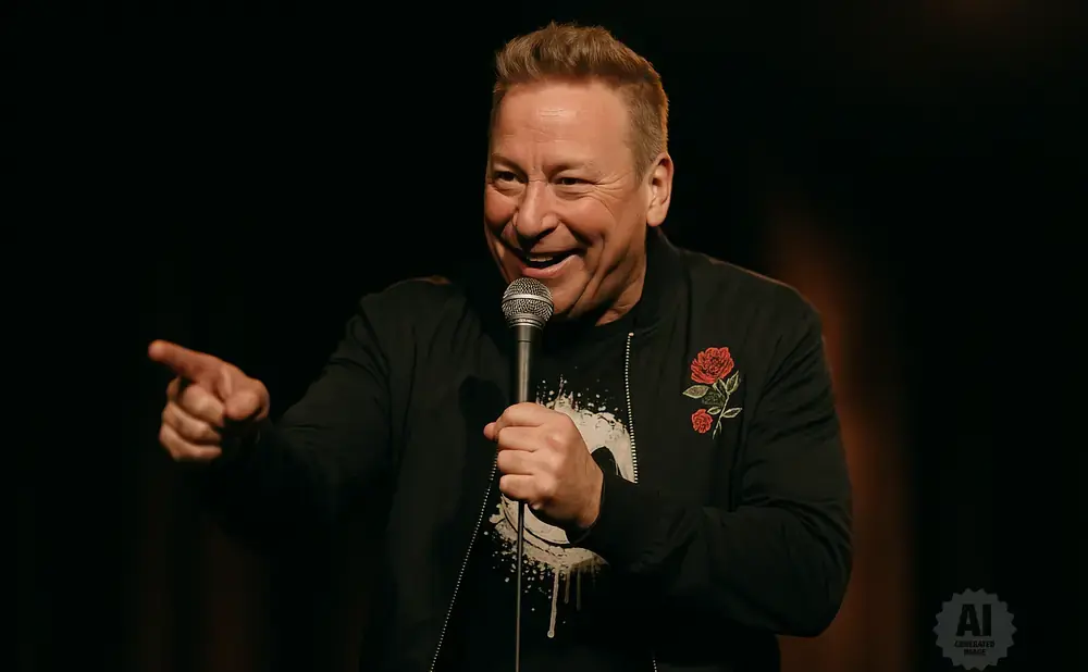 A man in a black jacket with a rose design smiles and points while holding a microphone.