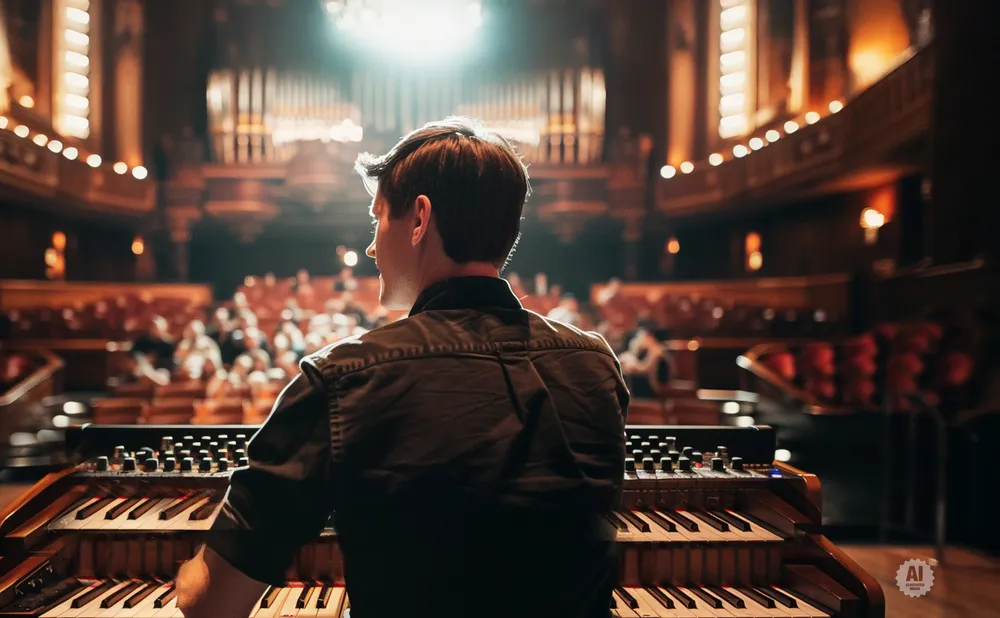 A man plays a pipe organ in a concert hall before an audience.
