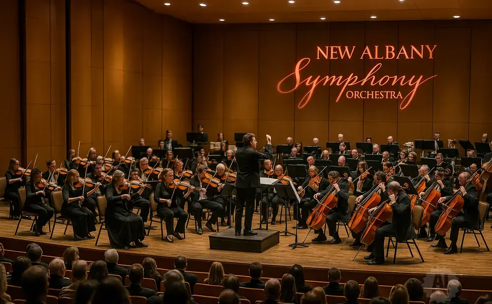A symphony orchestra performs on stage, with the 